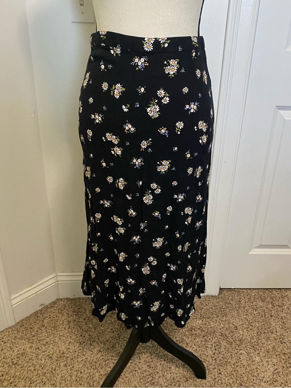 Reformation Black Floral Midi Skirt with Daisy Print